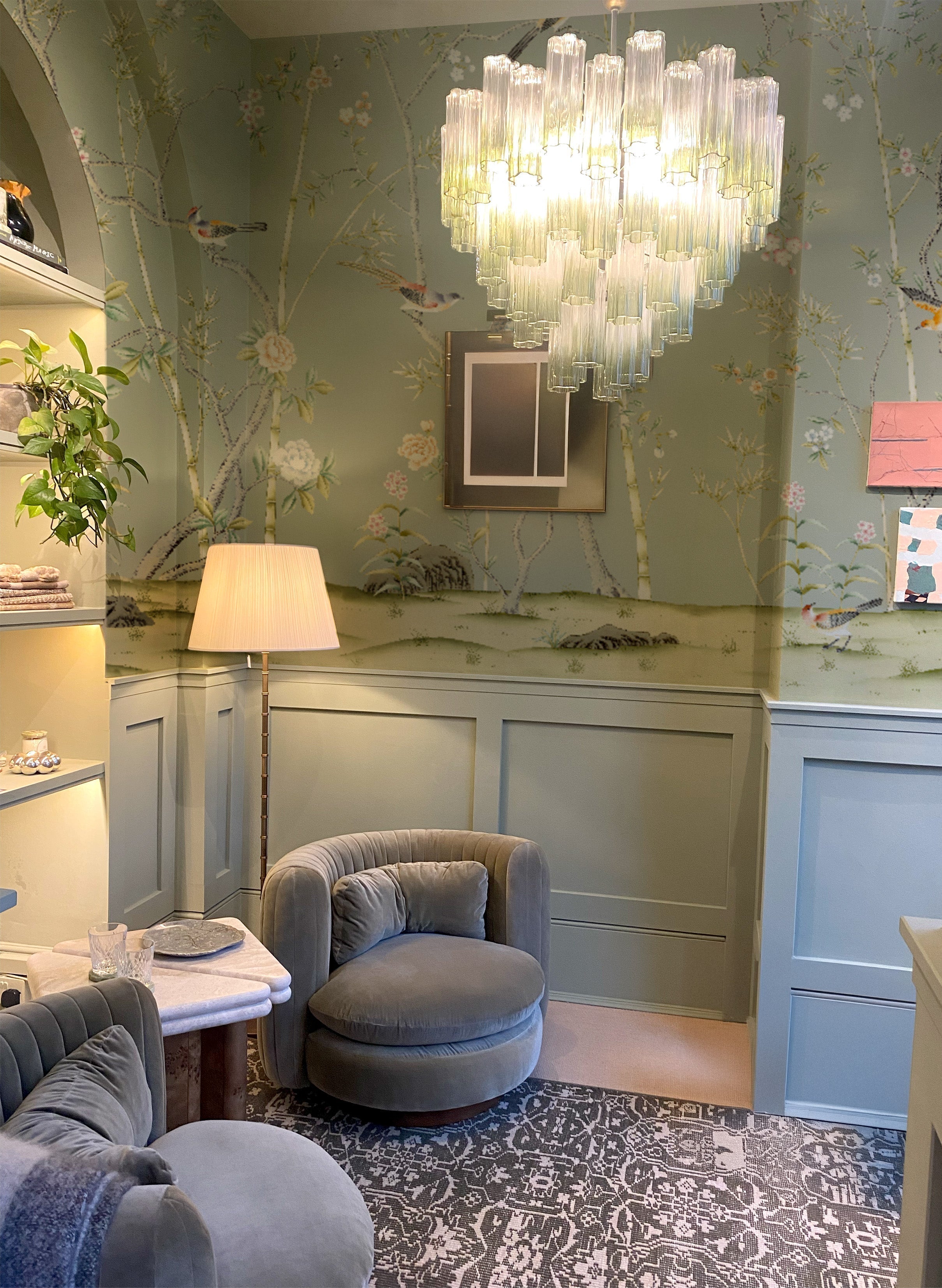 light green chinoiserie wallpaper living room design